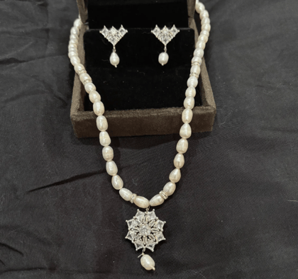 Silver & White Pearl Necklace Set With Clear Pendant For Women