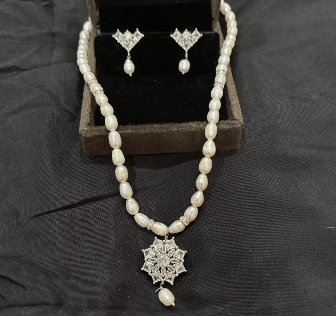 Silver & White Pearl Necklace Set With Clear Pendant For Women