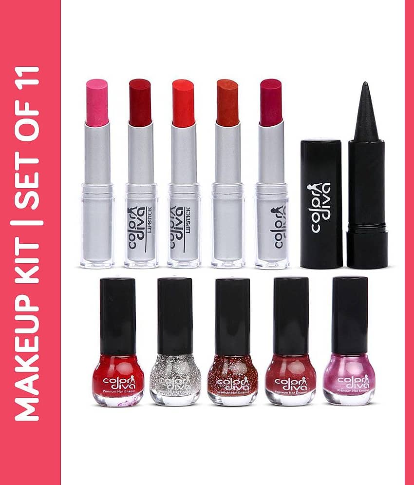 Color Diva Lipsticks, Nail Paints With Kajal Combo Set of 11, C-531 Makeup Kit