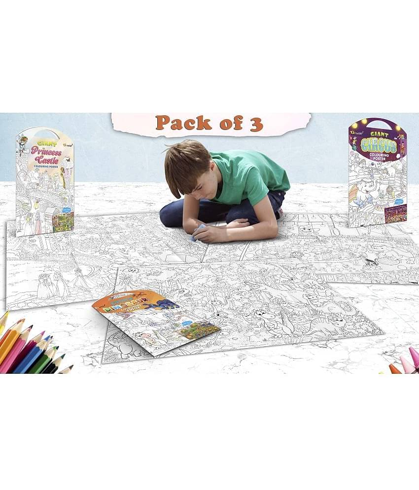 GIANT PRINCESS CASTLE COLOURING POSTER, GIANT CIRCUS COLOURING POSTER and GIANT DINOSAUR COLOURING POSTER | Pack of 3 Posters I kids Creative coloring posters