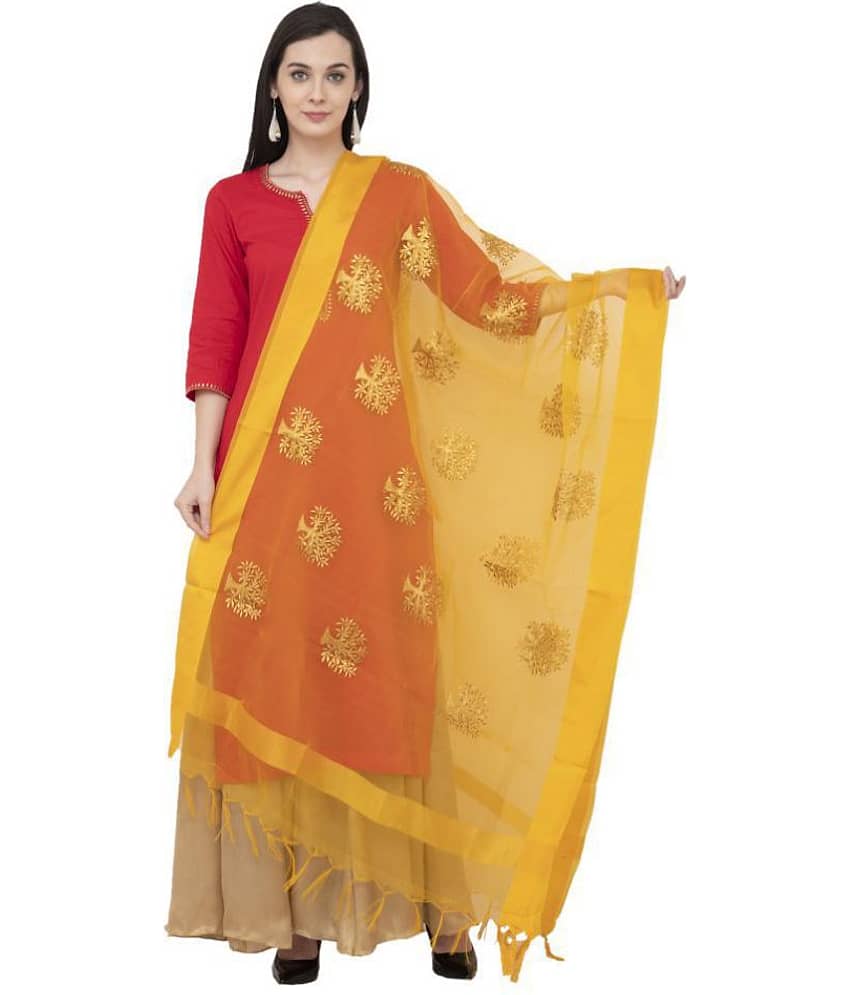 A R Silk Yellow Tissue Hand Embroidered Dupatta
