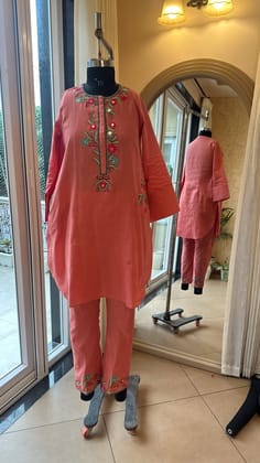Pink Cotton Linen full sleeve Kurta Set-XXS