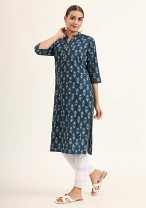 Blue Floral Print Pure Cotton Straight Kurta-XS