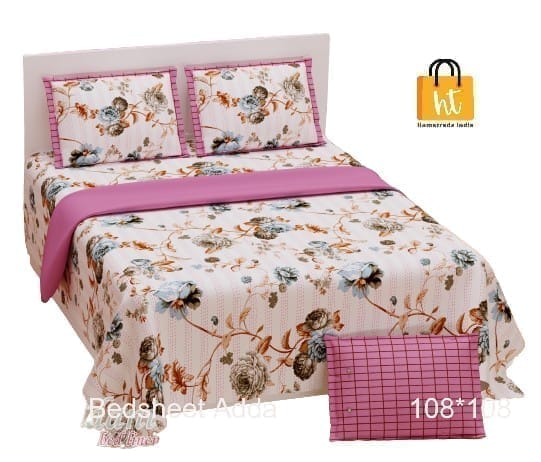 3001-Hometrade India-Standard King Size (90*108 Inches)-Pure Cotton Jaipuri Double Bedsheet With Matching Pillow Cover