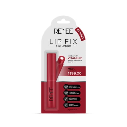 RENEE Lip Fix 3 in 1 Tinted Lip Balm 01 Sorbet 1.6 Gm, Heals, Lightens & Nourishes, Dual Core Care Enriched with Vitamin E, Shea Butter & Jojoba Oil for Dry & Chapped Dry Lips RENEE Lip Fix 3 in 1 Tinted Lip Balm 01 Sorbet 1.6 Gm, Heals, Lightens & Nouri