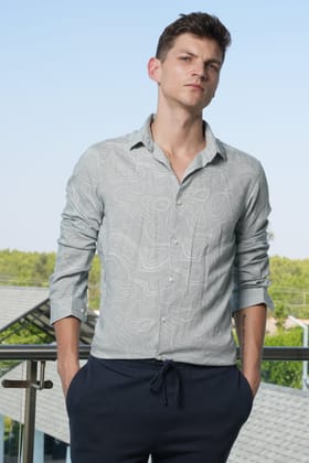 Evian - Viscose Linen Printed Shirt - Grey-S-38 / GREY