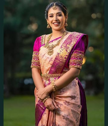 BLEESBURY Banarasi Silk Embellished Saree With Unstitched Blouse Piece ( Navy Blue )