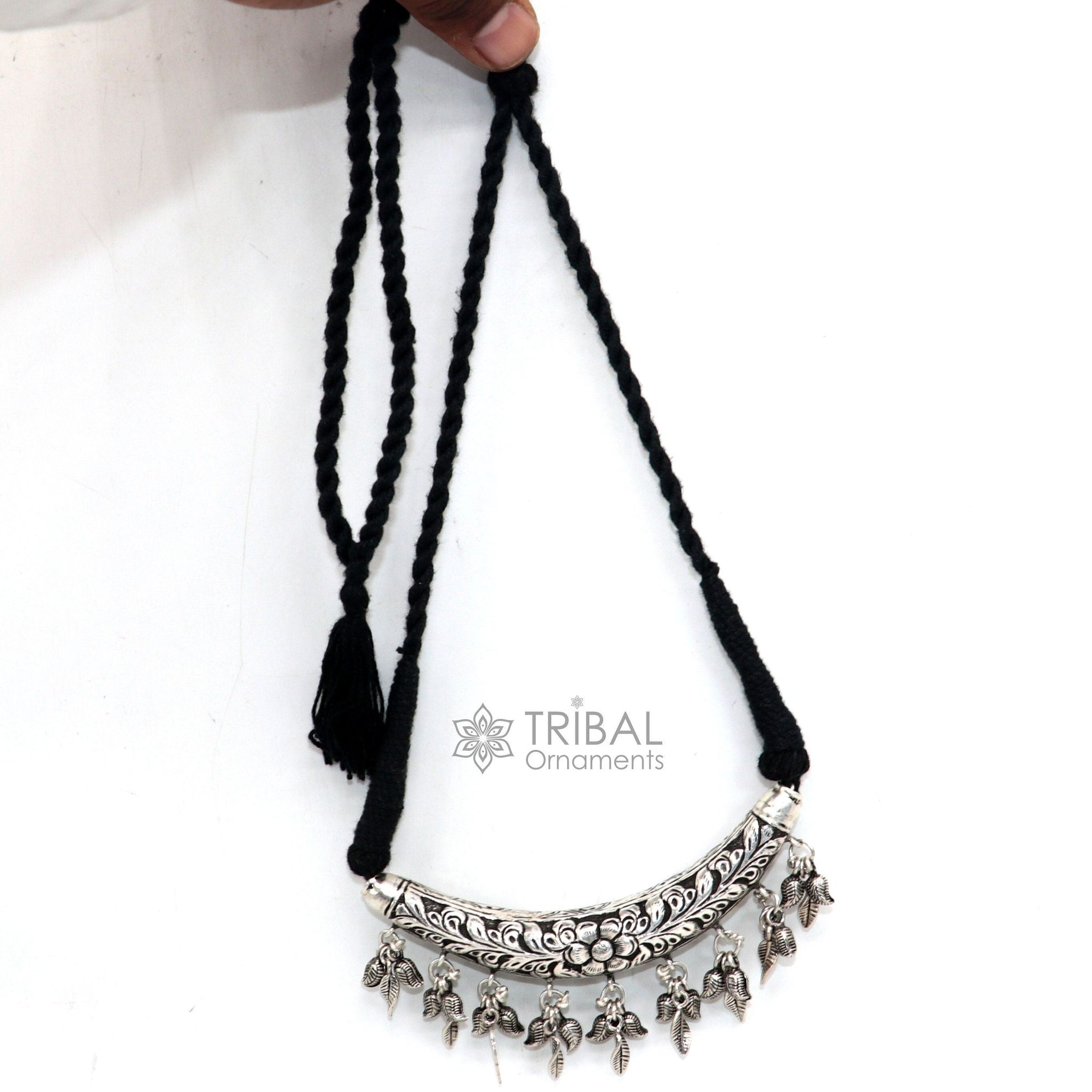 Indian traditional cultural style trendy 925 sterling silver customized kandrai work charm necklace, hasali, choker tribal jewelry set586