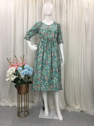 New York Style - Sea Green Rose Print - Flared Maternity Wear-44 - 46 ( XXL - 3XL )