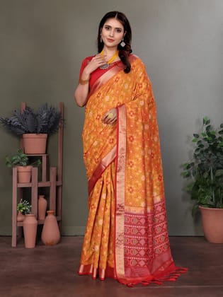 Orange Soft Silk Woven Designed Patola Saree With Golden Zari Border