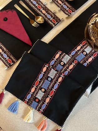 KRI India The Minimalist Festive Sequins Table Runner | Black with red, light blue & off white threadwork  | 14x80 inches  | Wash & Care | 100% Cotton | Handcrafted in India. 100% organic & natural.