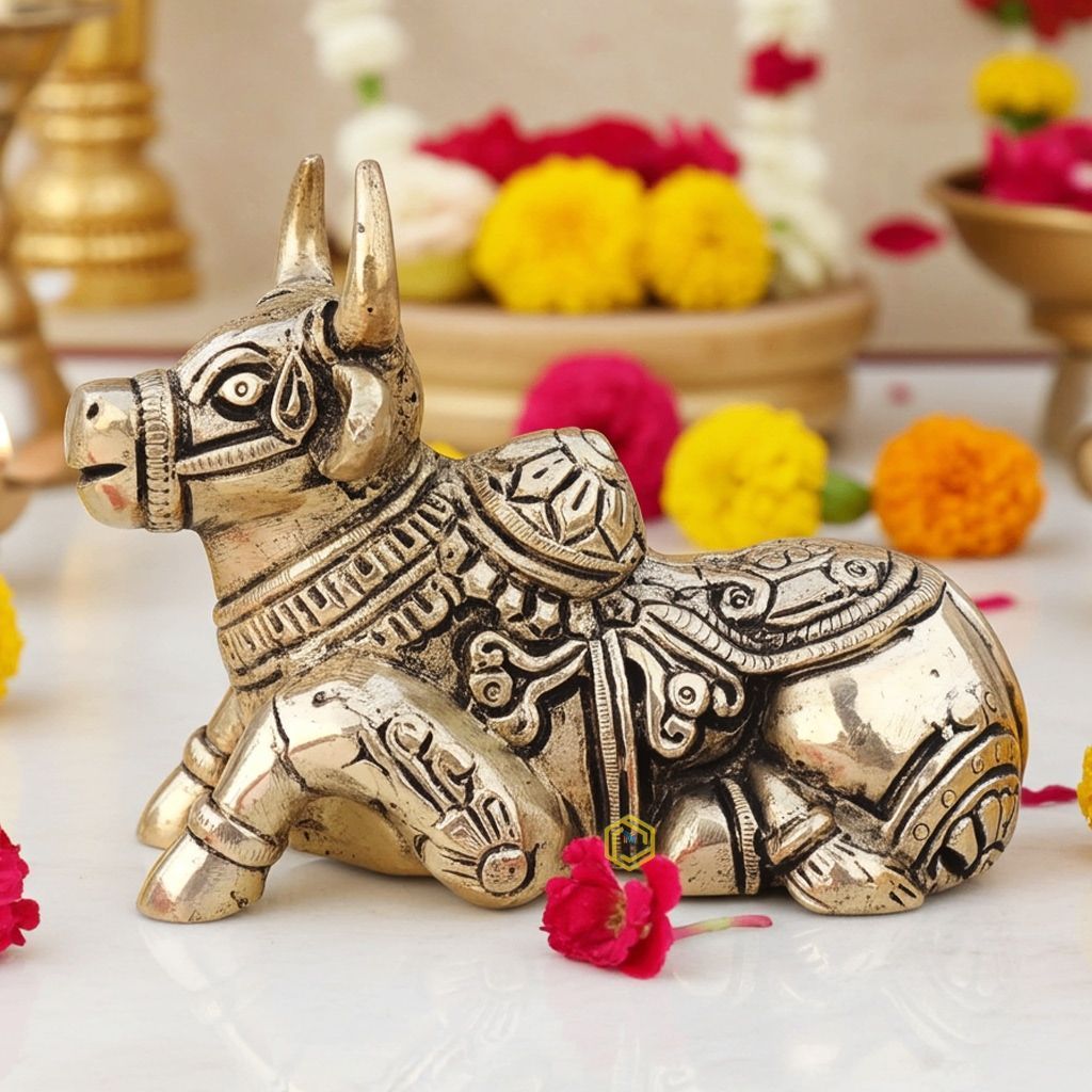Brass Showpiece Nandi God Idol Statue - Handmade Puja Room Statue, Height : 3.7 Inch (BSMAS1530 G)