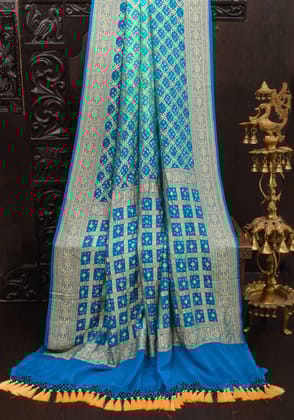 Turquoise Ombre Authentic Hand Bandhej Banarasi Silk Georgette Saree with zari jaal pattern | SILK MARKED CERTIFIED