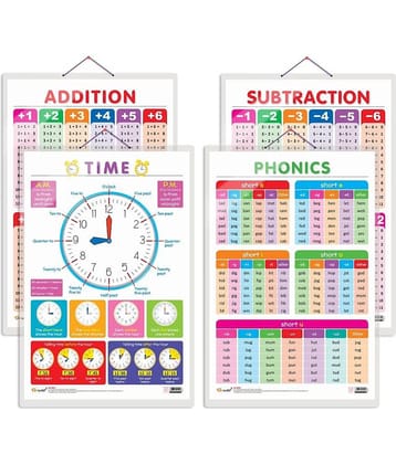 Set of 4 TIME, SUBTRACTION, ADDITION and PHONICS - 1 Early Learning Educational Charts for Kids | 20"X30" inch |Non-Tearable and Waterproof | Double Sided Laminated | Perfect for Homeschooling, Kindergarten and Nursery Students