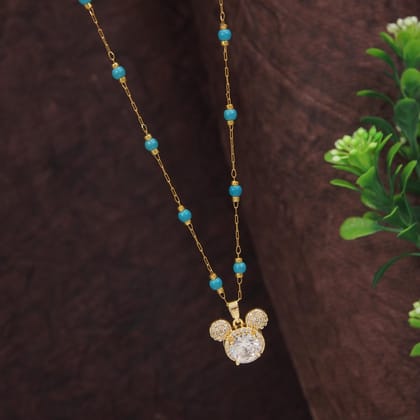 Stainless Steel Mickey Face Pendent Pearl Chain Necklace - S