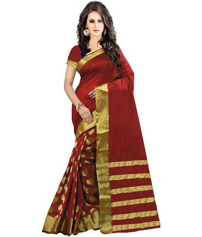Bhuwal Fashion Cotton Blend Printed Saree With Unstitched Blouse Piece ( Red )