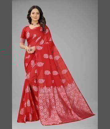 NENCY FASHION Banarasi Silk Embellished Saree With Unstitched Blouse Piece ( Rani )