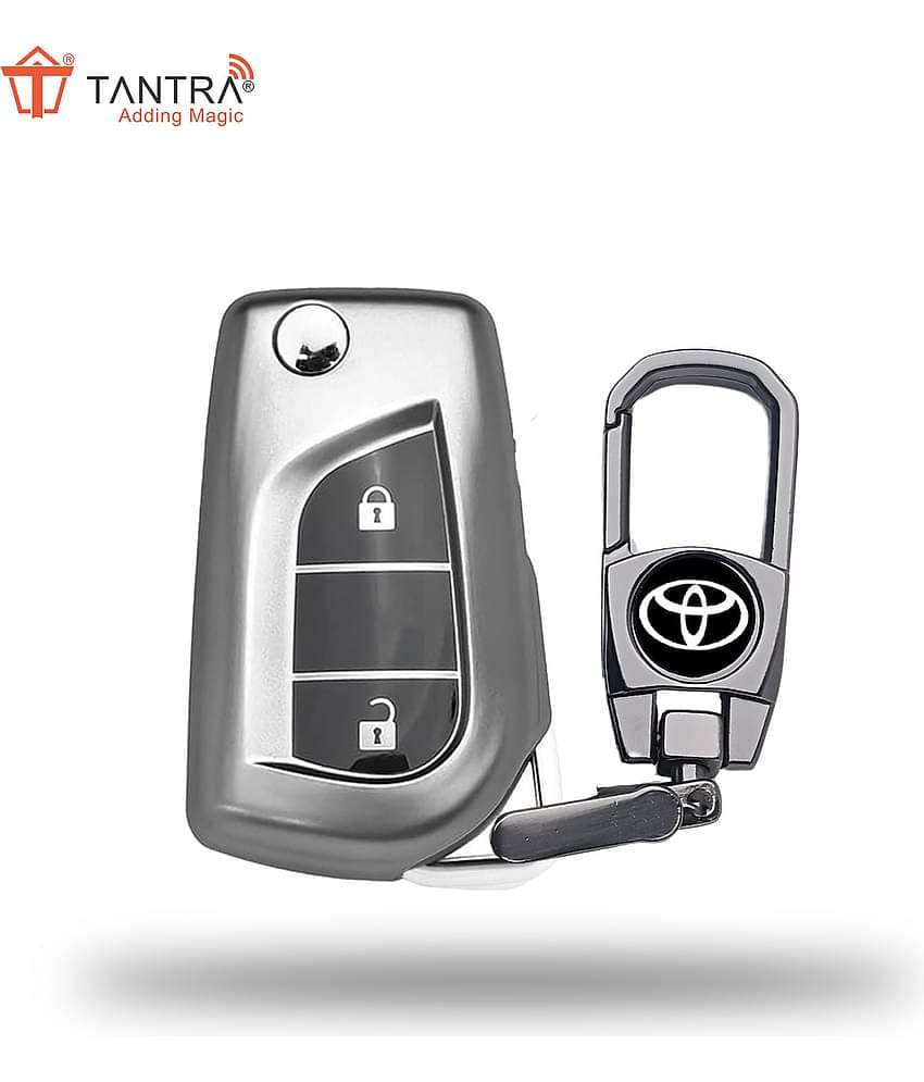 TANTRA TPU Key Cover and Metal Keychain Compatible for Toyota Corolla | Altis | Innova Crysta 2 Button Car Smart Key (Grey)
