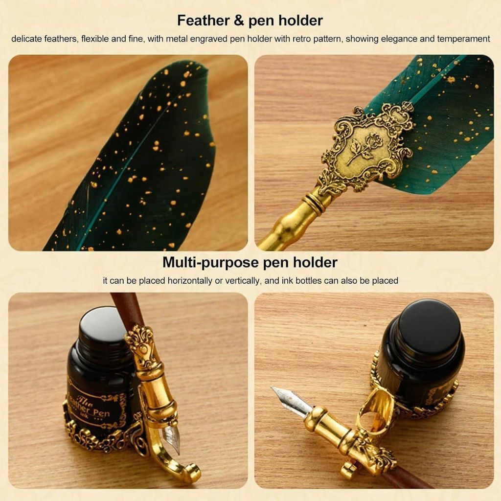 Quill Pen Ink Wax Seal Stamp Gift Set, Feather Pen Ink Set Includes Feather Dip Pen,Ink,5 Replacement Nibs,3 Wax Seal Sticks,Pen Nib Base,Seal Stamp, White Wax,Spoon, Valentine Gift