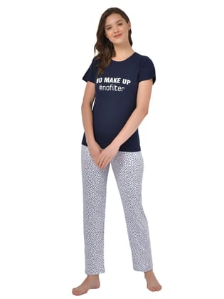 Klamotten Women's Blue Grey Graphic Printed Top and Allover Printed Pyjama Set N108N Klamotten Women's Blue Grey Graphic Printed Top and Allover Printed Pyjama Set N108N
