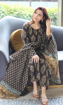 Cotton Brown & Mustard Mughal Suit Set and Printed Dupatta-XXS