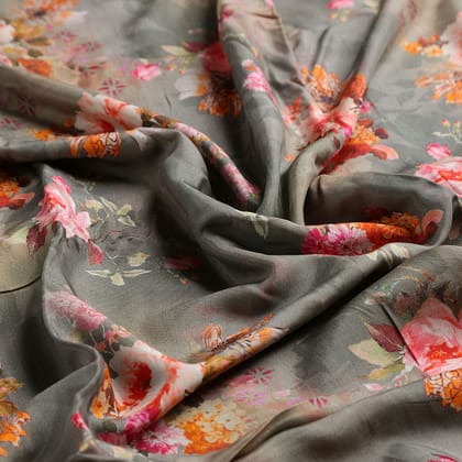 Painted Flower Bunch On Grey Palate Digital Printed Fabric  - Pure Muslin-Viscose / Pure Muslin / 110 CM | 43 Inch