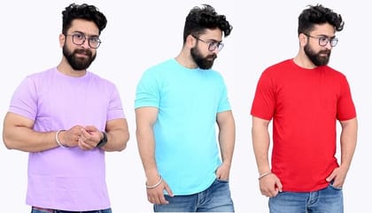 Tru Threads Solid Premium T-Shirt 3 Pcs Combo - Cyan, Lavender, Red (Size-L)