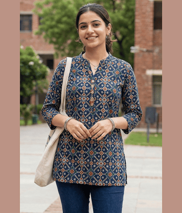 Rajnandini Women 100% Cotton Printed Straight Kurti ( Dark Blue )