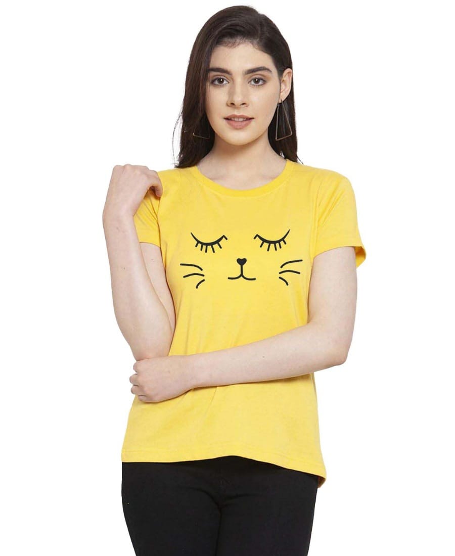 Women's Cotton Blend Graphic Cat Printed T Shirt L (Yellow)