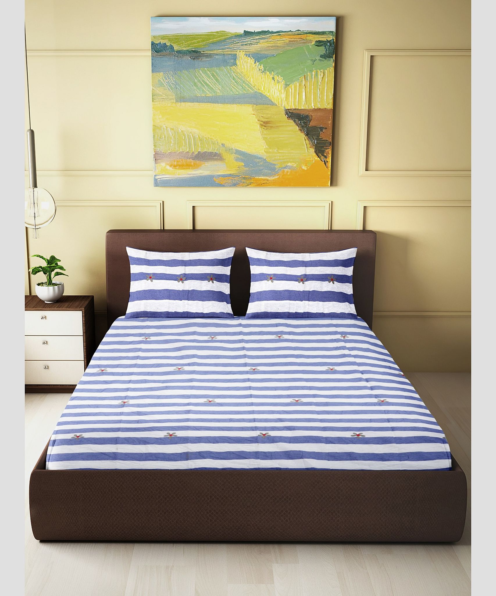 Bedspread Cotton Blue White Line Floral 90X100