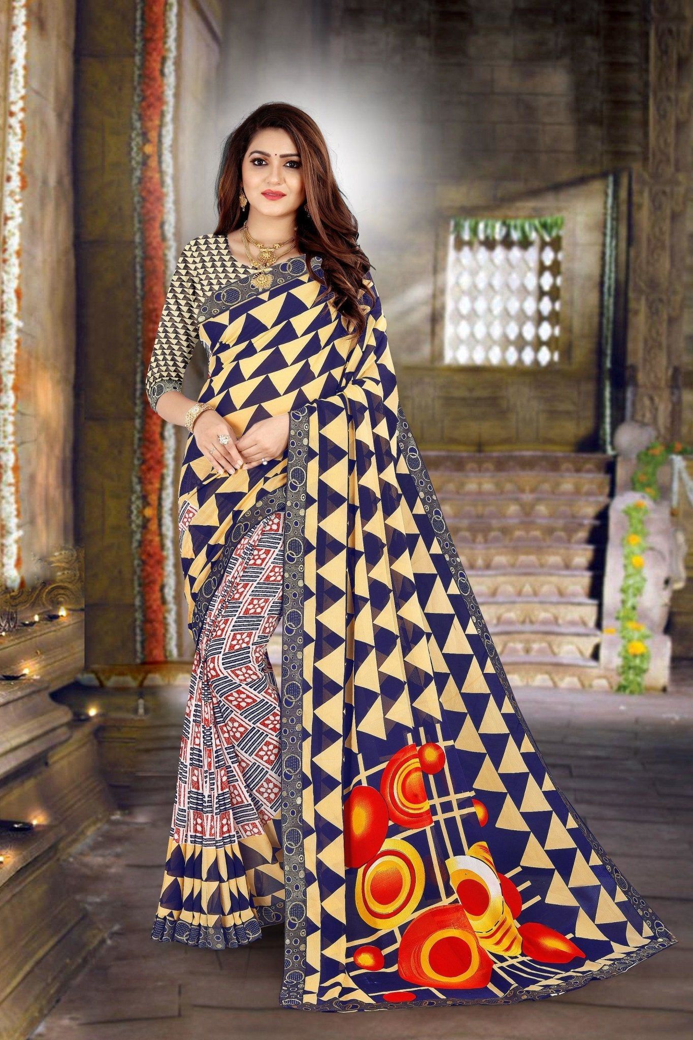 TheHangr Women's Beautiful Printed Georgette Saree With Lace Border & Blouse Piece -  Blue-Yellow-Grey