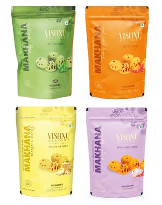 Vishnu Delight Organic Makhana Combo Pack - 4 of 60g Each flavor - Mint Masti, Fiery Peri Peri, Cheese N Herbs, Magic Masala - Crunchy, Deliciously, and Full of Flavorful Indian Spices Snacks