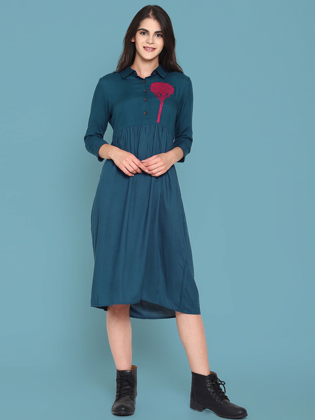 Blue Shirt Dress With Embroidered Tree Motif-L