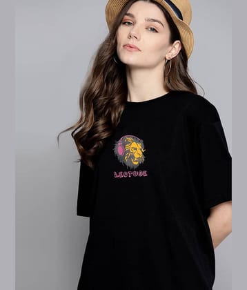Leotude Women Cotton Blend Printed Oversized Fit Round Neck T-Shirt ( Black )