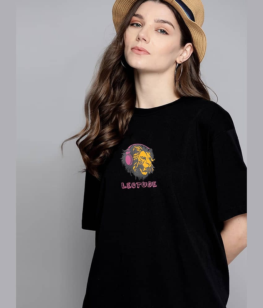 Leotude Women Cotton Blend Printed Oversized Fit Round Neck T-Shirt ( Black )