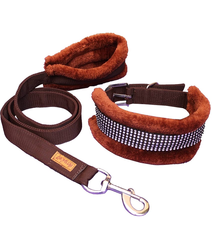 Petshop7 Premium Quality Fur Padded  Nylon Dog Collar & Leash  Large (Neck Size - 18-22inch) Brown