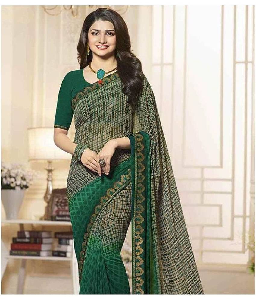 Gazal Fashions Georgette Printed Saree With Unstitched Blouse Piece ( Green )