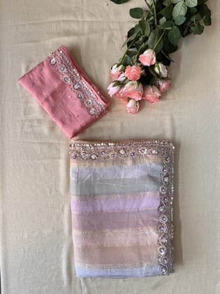 Multi-shaded non transparent tissue georgette saree - TZHEMSG-M002-Pink