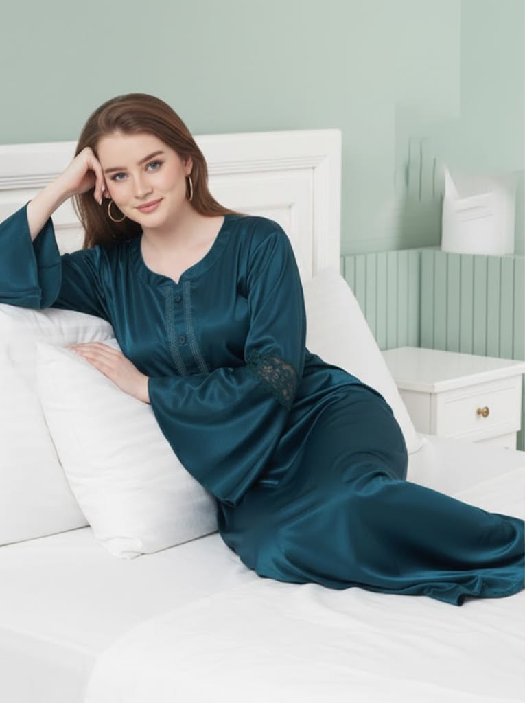 Women’s Full-Length Teal Satin Nighty with Bell Sleeves