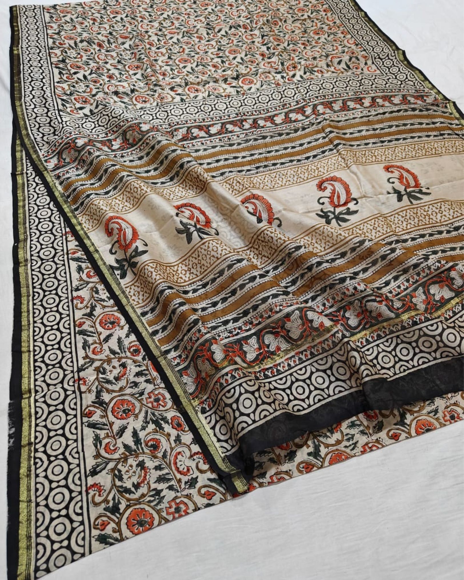 Whispering Petals Kalamkari Chanderi Silk Smooth Beige Saree