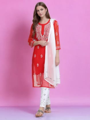 Red Mirror Chikankari Handmade Kurti Set-36-XS