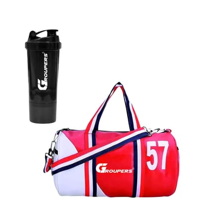 GROUPERS Duffle PU Leather Bag with Shaker Bottle-500mllSports & Travel BaglSports Kitl (Red White)