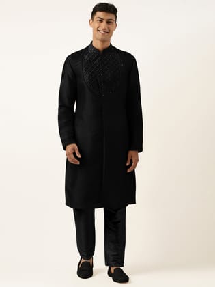 Black Embroidery Angrakha Kurta Set-Made To Measure / Kurta Churidaar Set