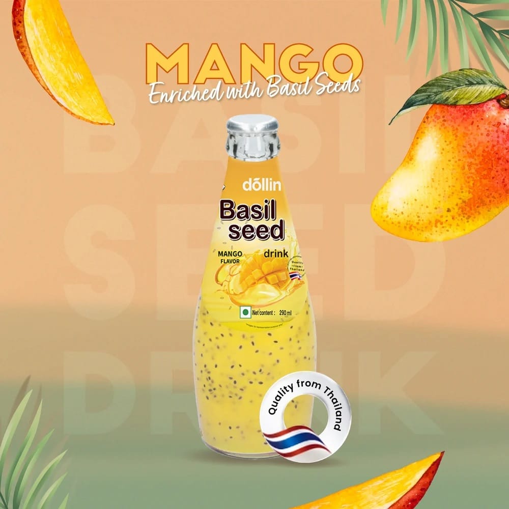Dollin Basil Seed Mango Juice Yellow Glass Bottle Drink 290ml