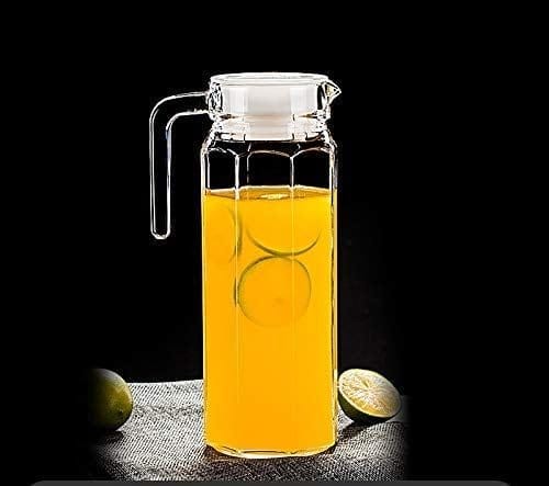 Italian Premium Glass Water Jug with Plastic Lid & Handle | 1.3 Littre |Transparent Carafe for Home, Office | Pitcher for Serve Water, Milk, Juice, Beverage, Chaas, Cocktail |