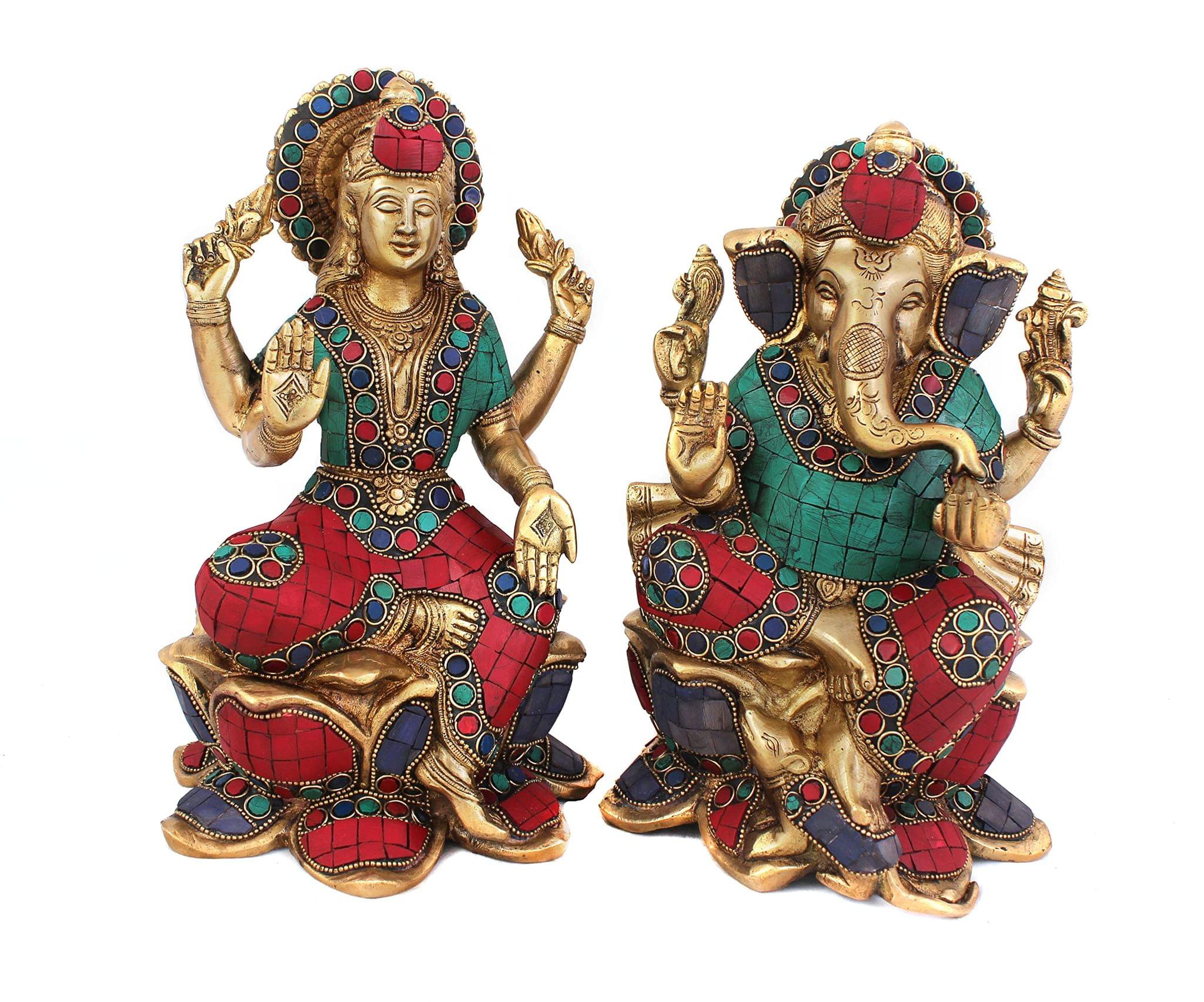 Arihant Craft� Hindu God Lakshmi Ganesha Idol Ganesh Laxmi Statue Sculpture Turquoise Gem Stone Hand Work Showpiece � 25.5 cm (Brass, Multicolour)