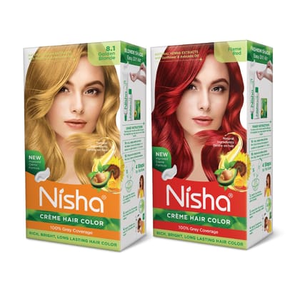 Nisha Creme Hair Color Combo, Pack of 2 Golden Blonde & Flame Red