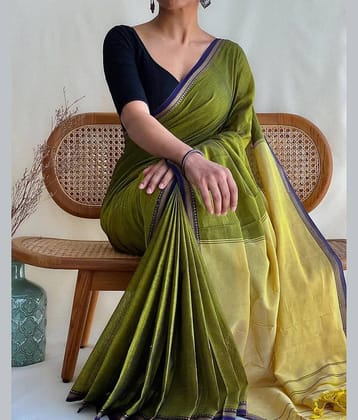 SARADA HANDLOOM Cotton Solid Saree With Unstitched Blouse Piece ( Fluorescent Green )