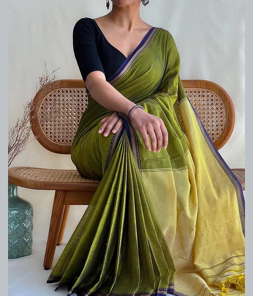 SARADA HANDLOOM Cotton Solid Saree With Unstitched Blouse Piece ( Fluorescent Green )