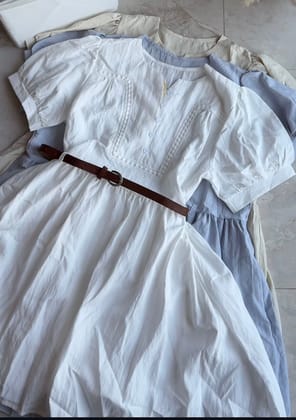 Summery Cotton belted dress-White / XS